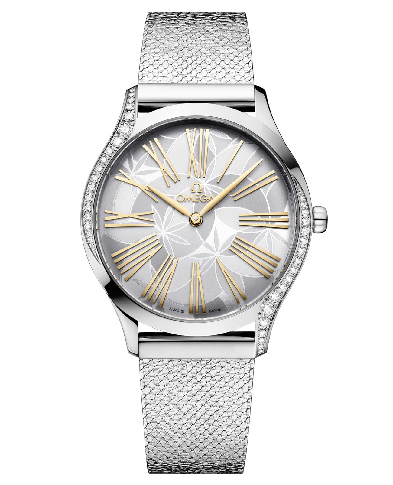 Omega Omega De Ville Mini Tresor 428.15.36.60.02.001   42815366002001 кварцевые женские часы серебристый циферблат, браслет нержавеющая сталь — вид спереди