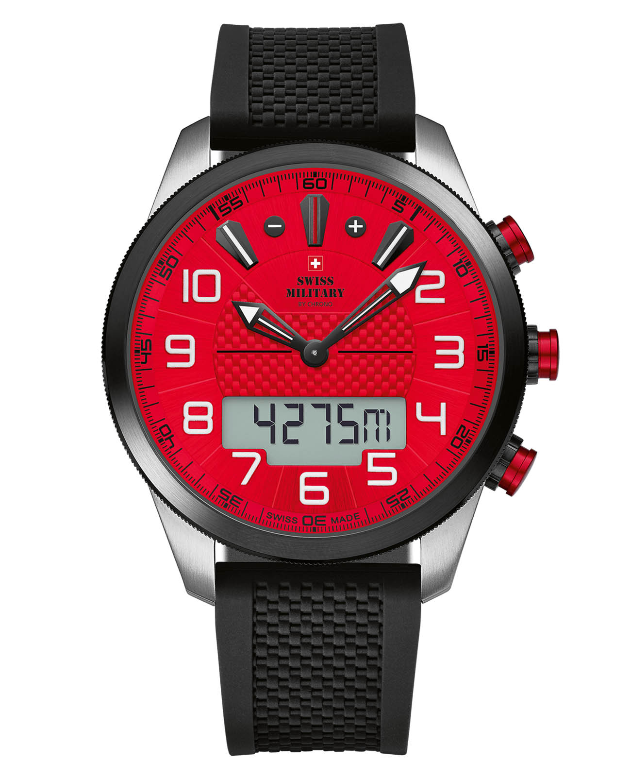 Swiss Military by Chrono Swiss Military by Chrono SM34061.02  SM34061.02 кварцевые мужские часы красный циферблат, браслет каучук — вид спереди