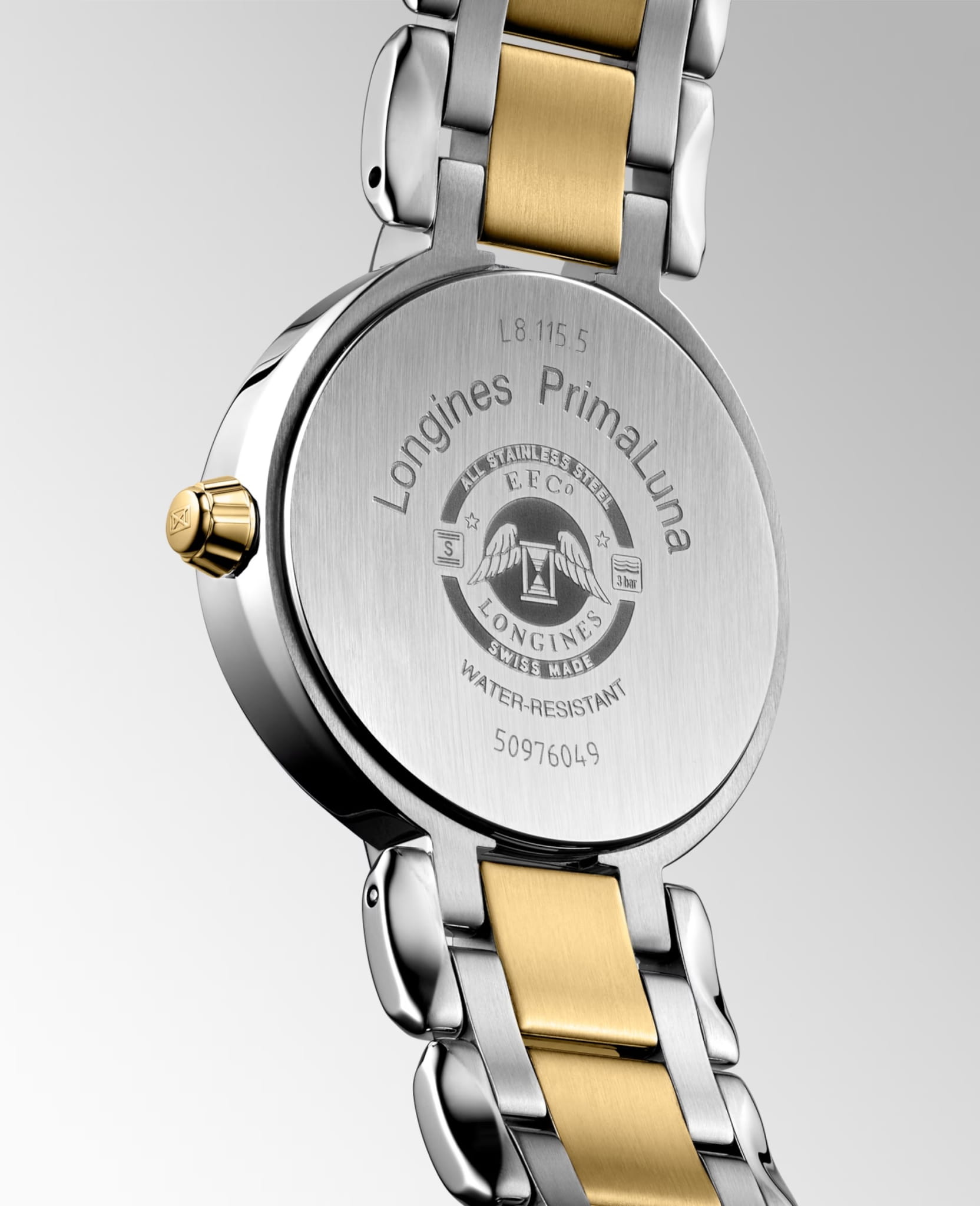 Longines Longines PrimaLuna L8.115.5.31.7, primaluna швейцария женские часы на браслете нержавеющая сталь + золото 18к боковой вид