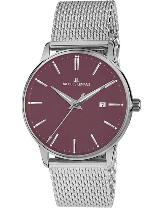 Jacques Lemans Jacques Lemans Retro Classic N-213N  N-213N кварцевые мужские часы красный циферблат, браслет нержавеющая сталь — вид спереди