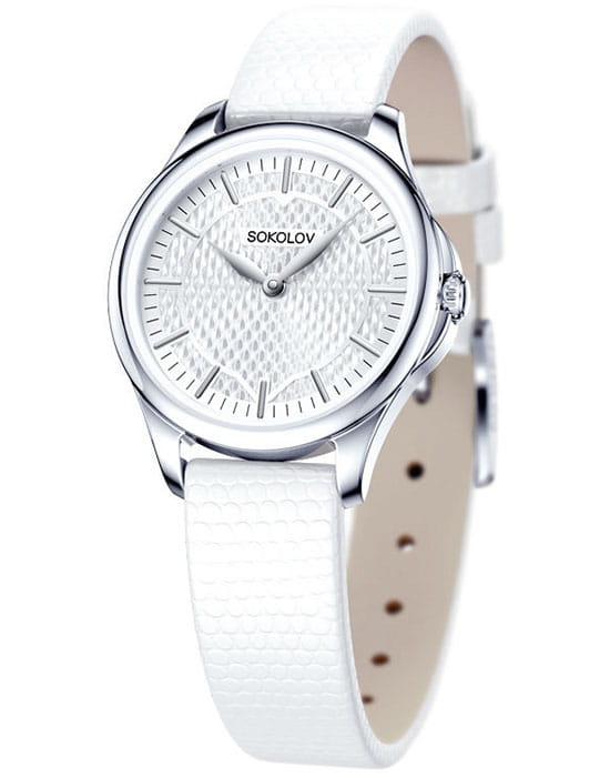 Sokolov 136.30.00.000.05.02.2  136.30.00.000.05.02.2 кварцевые женские часы белый циферблат, браслет кожаный — вид спереди
