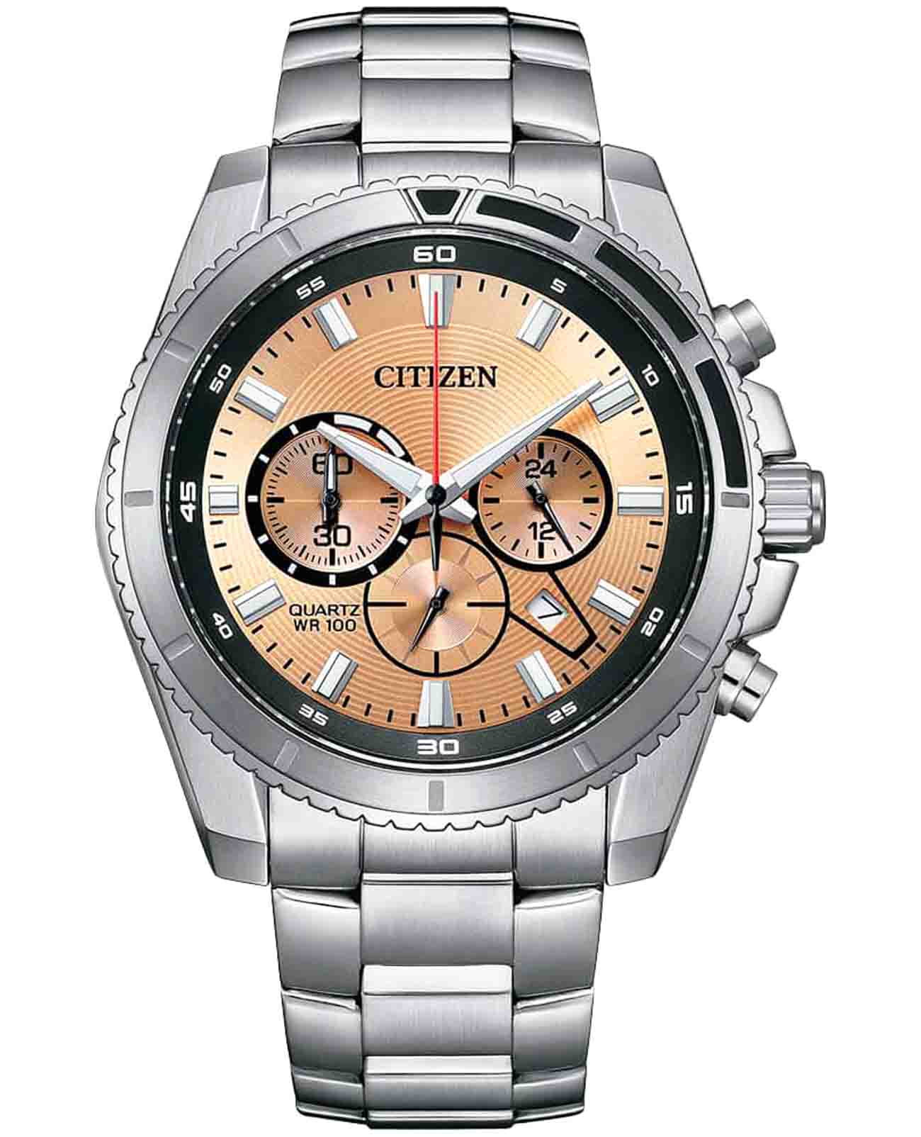 Citizen Citizen Chronograph AN8200-50X  AN8200-50X кварцевые мужские часы оранжевый циферблат, браслет нержавеющая сталь — вид спереди