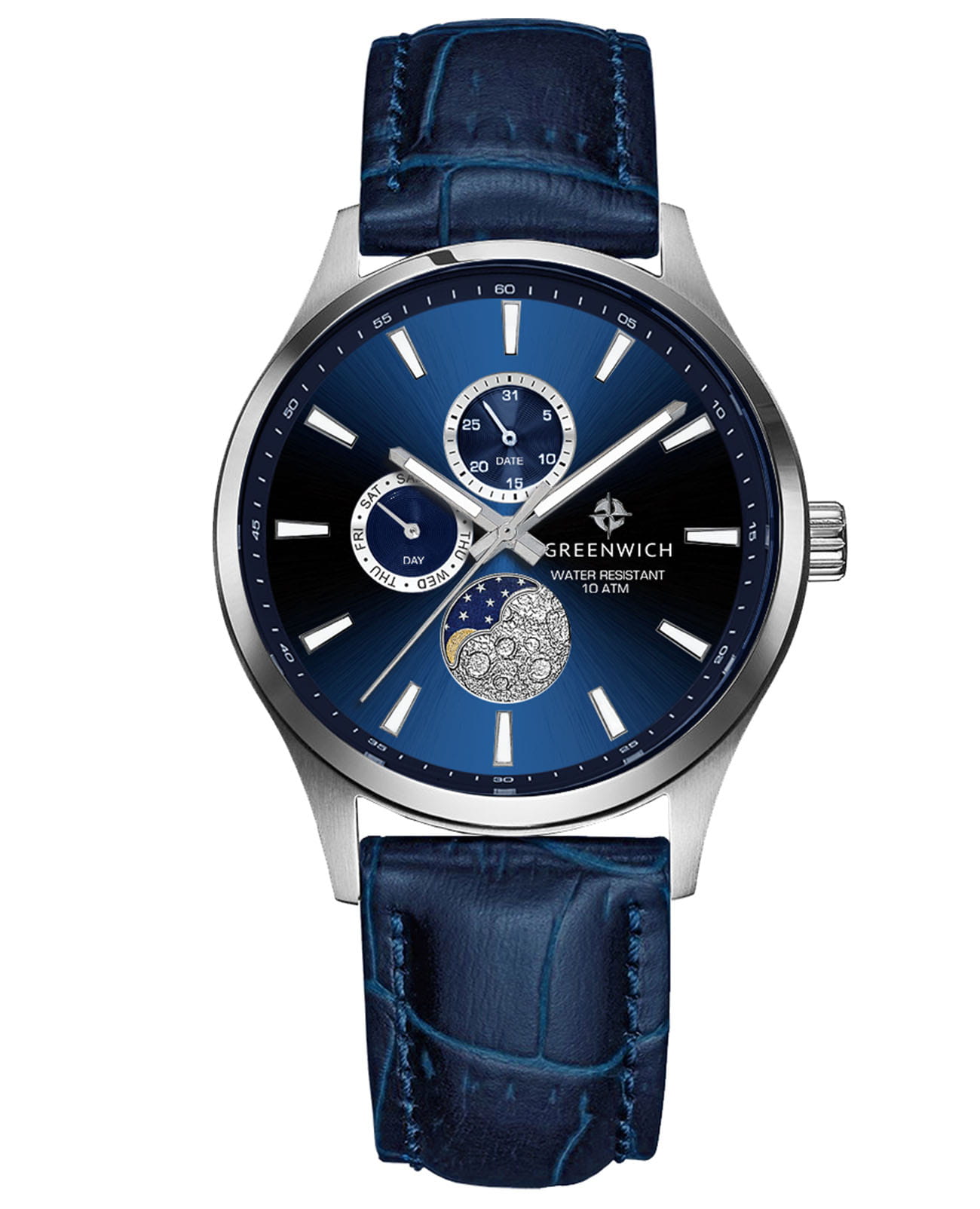 Greenwich Greenwich Moon Walker GW 058.16.36  GW 058.16.36 кварцевые мужские часы синий циферблат, браслет кожаный — вид спереди