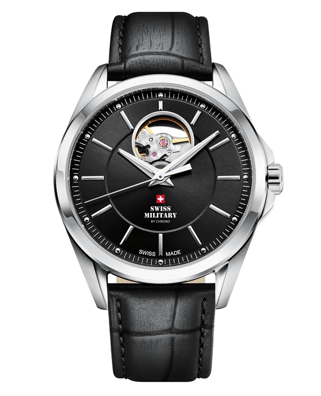 Swiss Military by Chrono Swiss Military by Chrono SMA34085.33  SMA34085.33 механические мужские часы черный циферблат, браслет кожаный — вид спереди