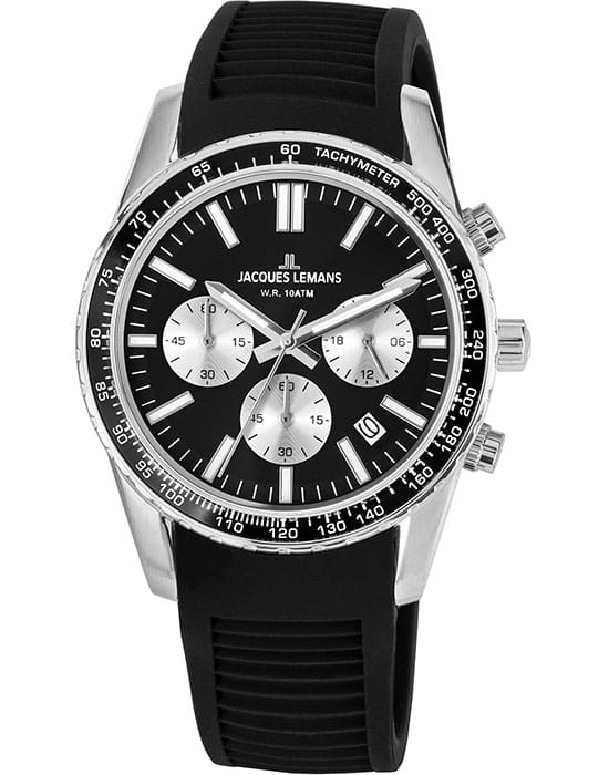 Jacques Lemans Jacques Lemans Liverpool 1-2059A  1-2059A кварцевые мужские часы черный циферблат, браслет силикон — вид спереди