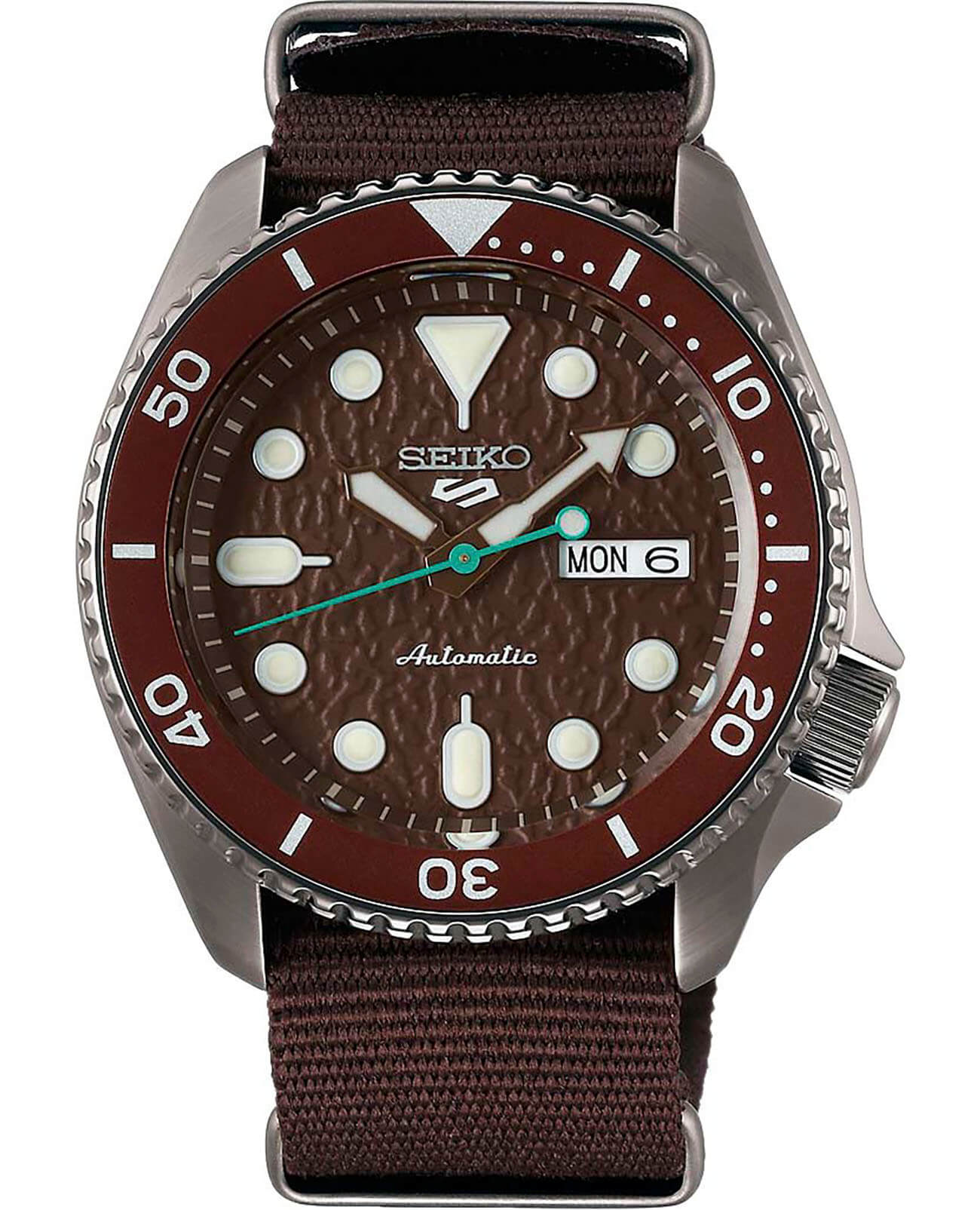 Seiko Seiko 5 Sports SRPD85K1S  SRPD85K1S механические мужские часы коричневый циферблат, браслет нейлон — вид спереди