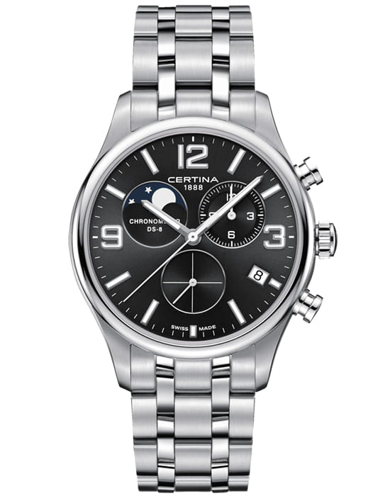 Certina Certina DS-8 Moon Phase C033.460.11.057.00 DS 8 C0334601105700 кварцевые мужские часы черный циферблат, браслет нержавеющая сталь 316l — вид спереди