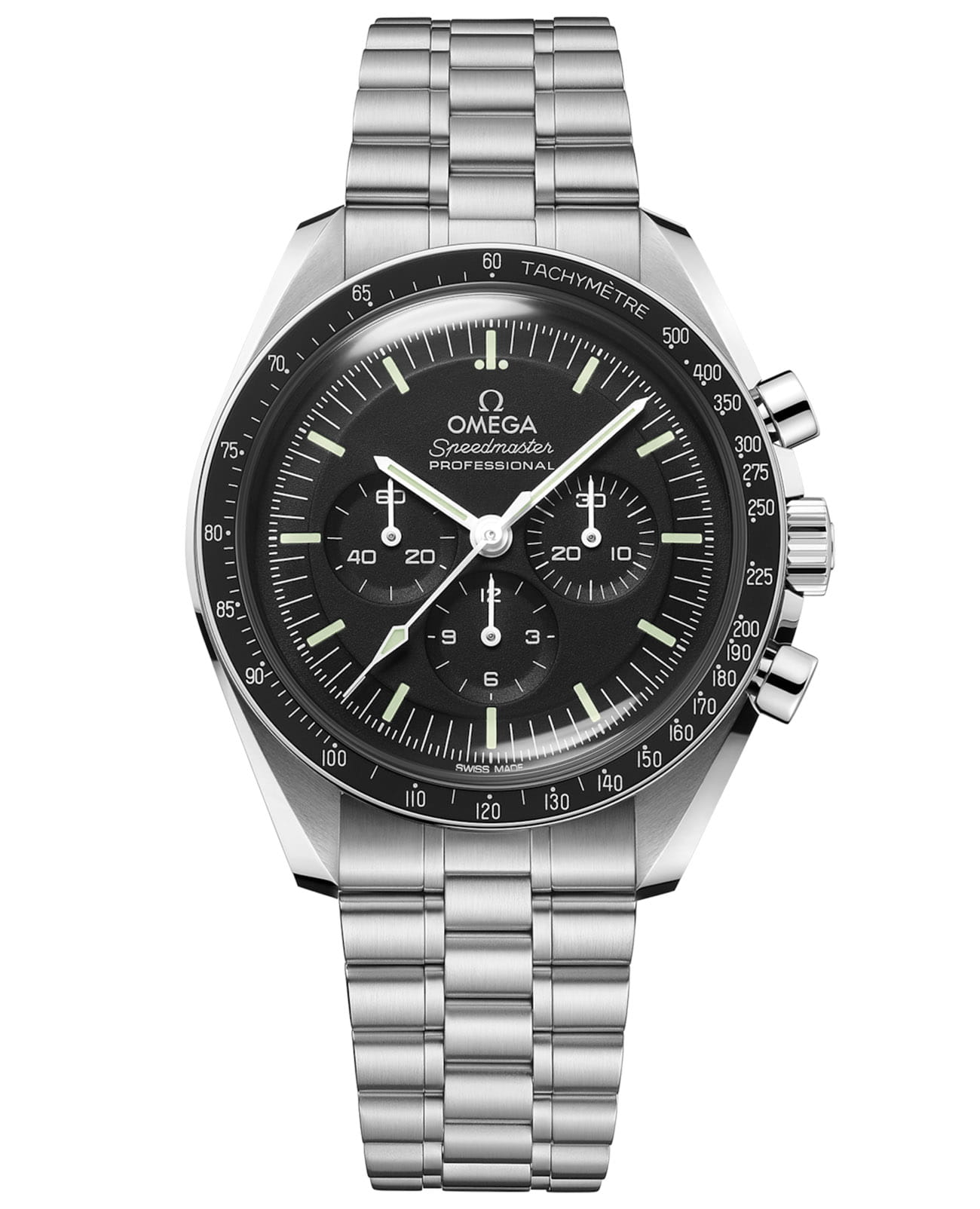 Omega Omega Speedmaster Moonwatch Professional 310.30.42.50.01.001 Moonwatch Professional 31030425001001 механические мужские часы черный циферблат, браслет нержавеющая сталь — вид спереди