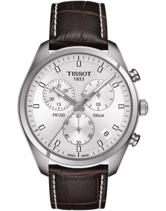 Tissot Tissot PR 100 Сhronograph T101.417.16.031.00 PR 100 T1014171603100 кварцевые мужские часы белый циферблат, браслет кожаный — вид спереди
