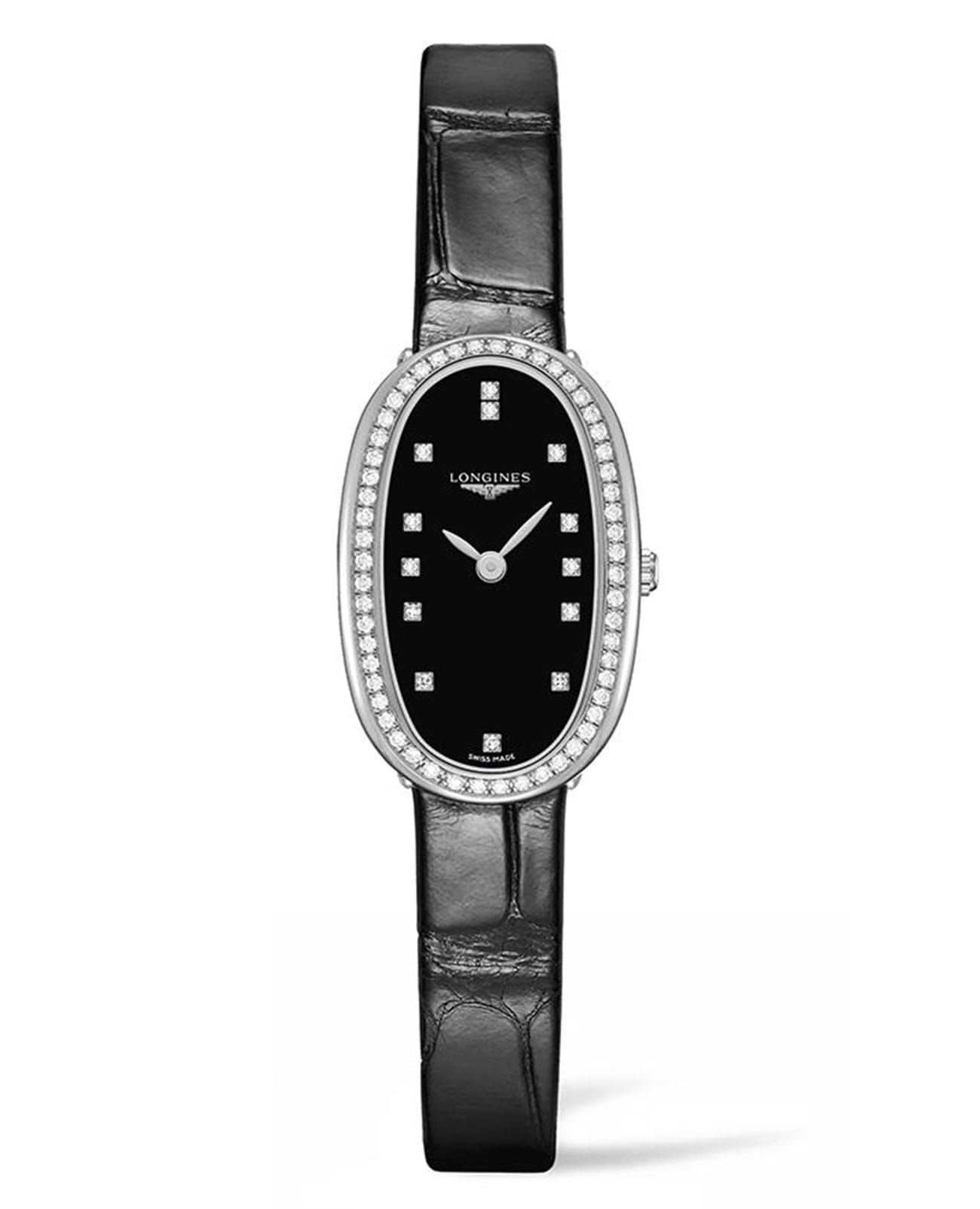 Longines Longines Symphonette L2.305.0.57.0  L23050570 кварцевые женские часы черный циферблат, браслет кожаный — вид спереди