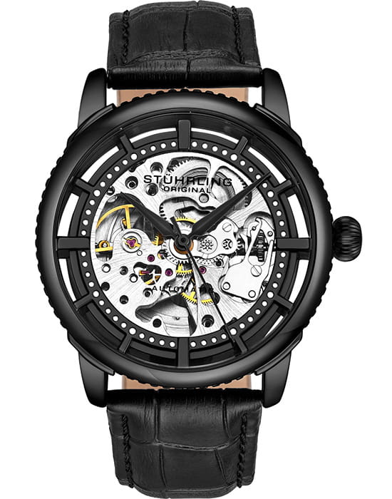 Stuhrling Stuhrling Legacy 3933.3  3933.3 механические мужские часы белый циферблат, браслет кожаный — вид спереди