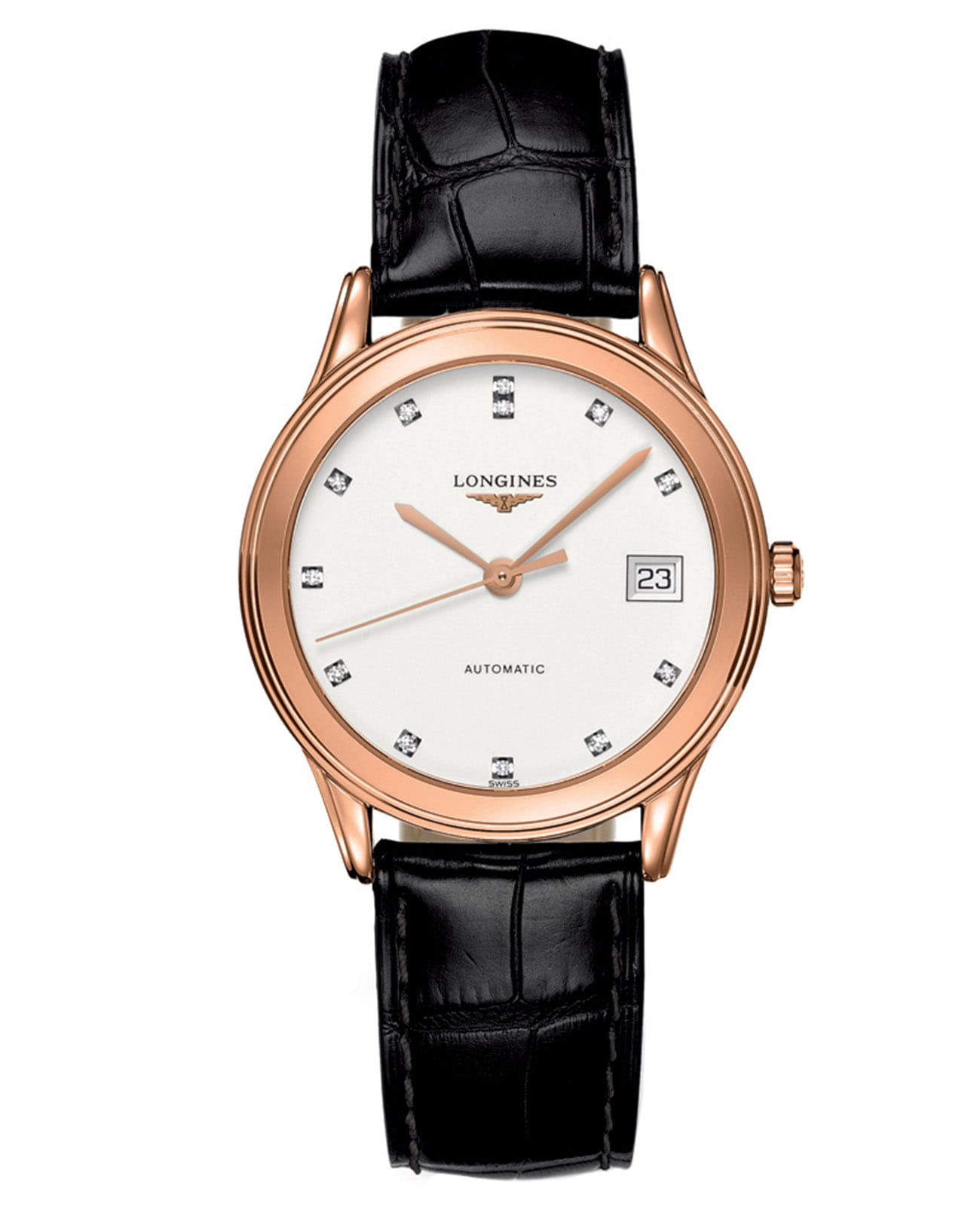 Longines Longines Flagship L4.774.8.27.2  L47748272 механические мужские часы белый циферблат, браслет кожаный — вид спереди