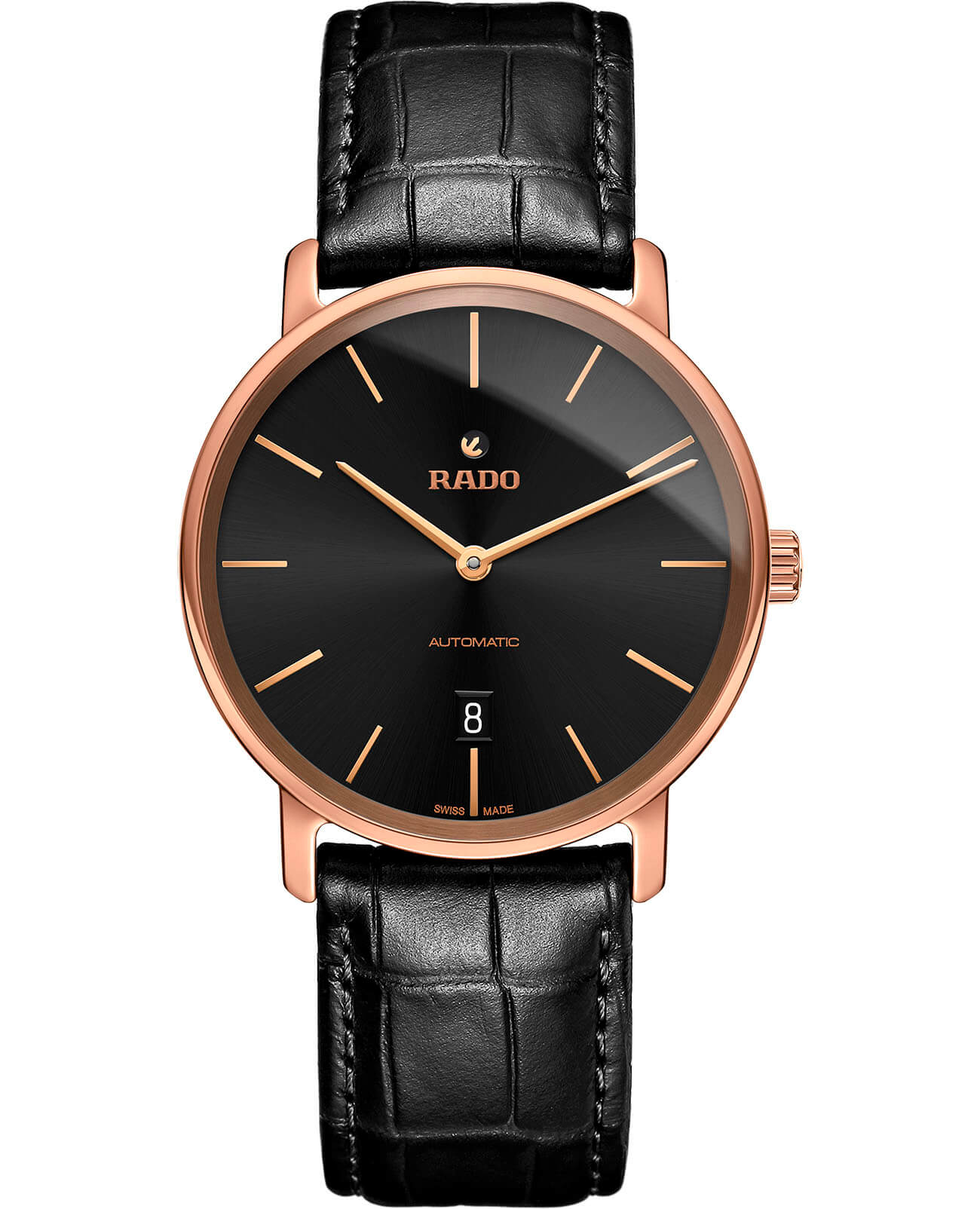 Rado Rado Diamaster Thinline R14068166 Automatic R14068166 механические мужские часы черный циферблат, браслет кожаный — вид спереди
