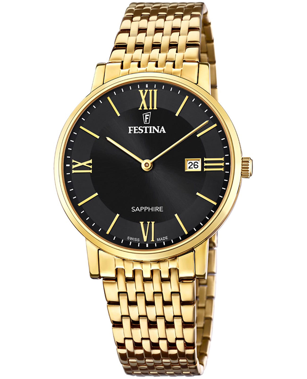 Festina Festina Swiss Made F20020/3  F20020/3 кварцевые мужские часы черный циферблат, браслет нержавеющая сталь с pvd-покрытием — вид спереди