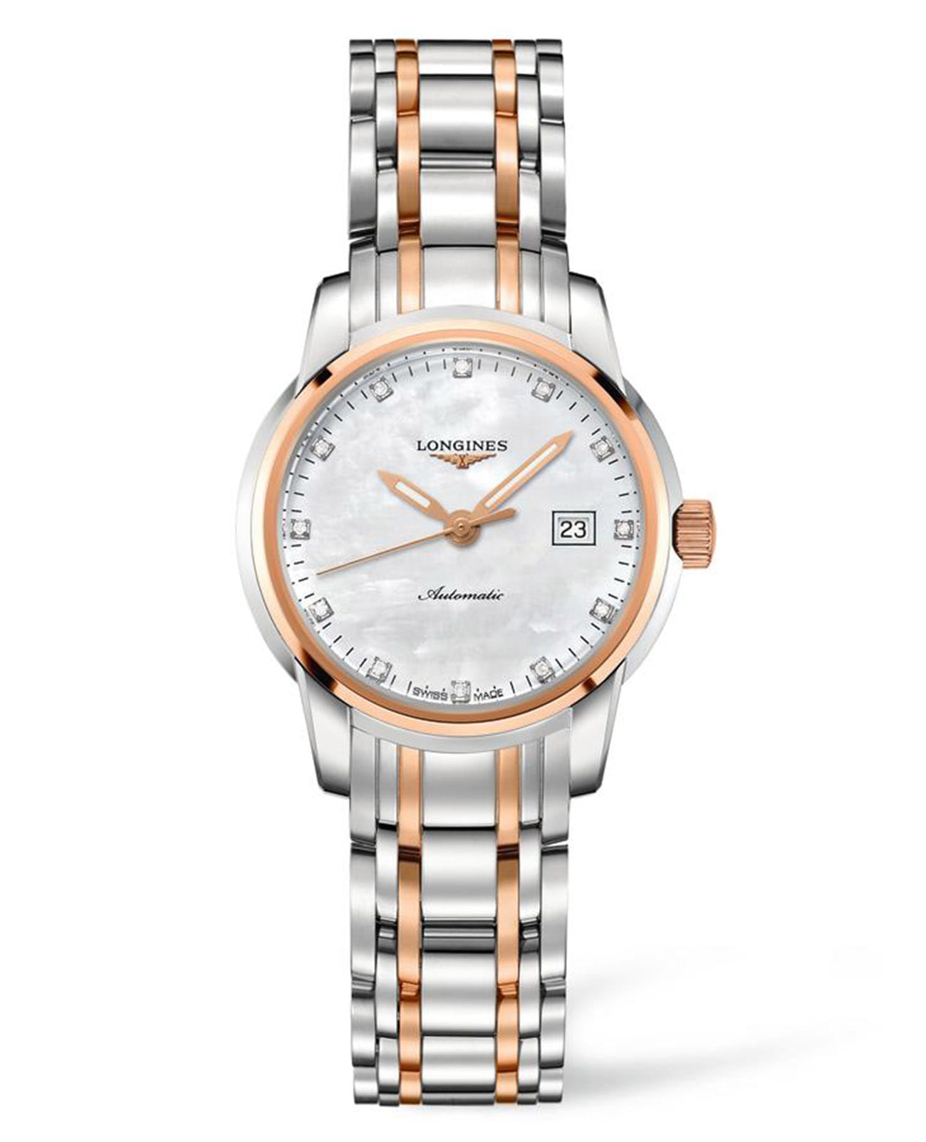 Longines Longines Saint-Imier L2.563.5.88.7  L25635887 механические женские часы перламутровый циферблат, браслет нержавеющая сталь и 18 каратное розовое золото — вид спереди