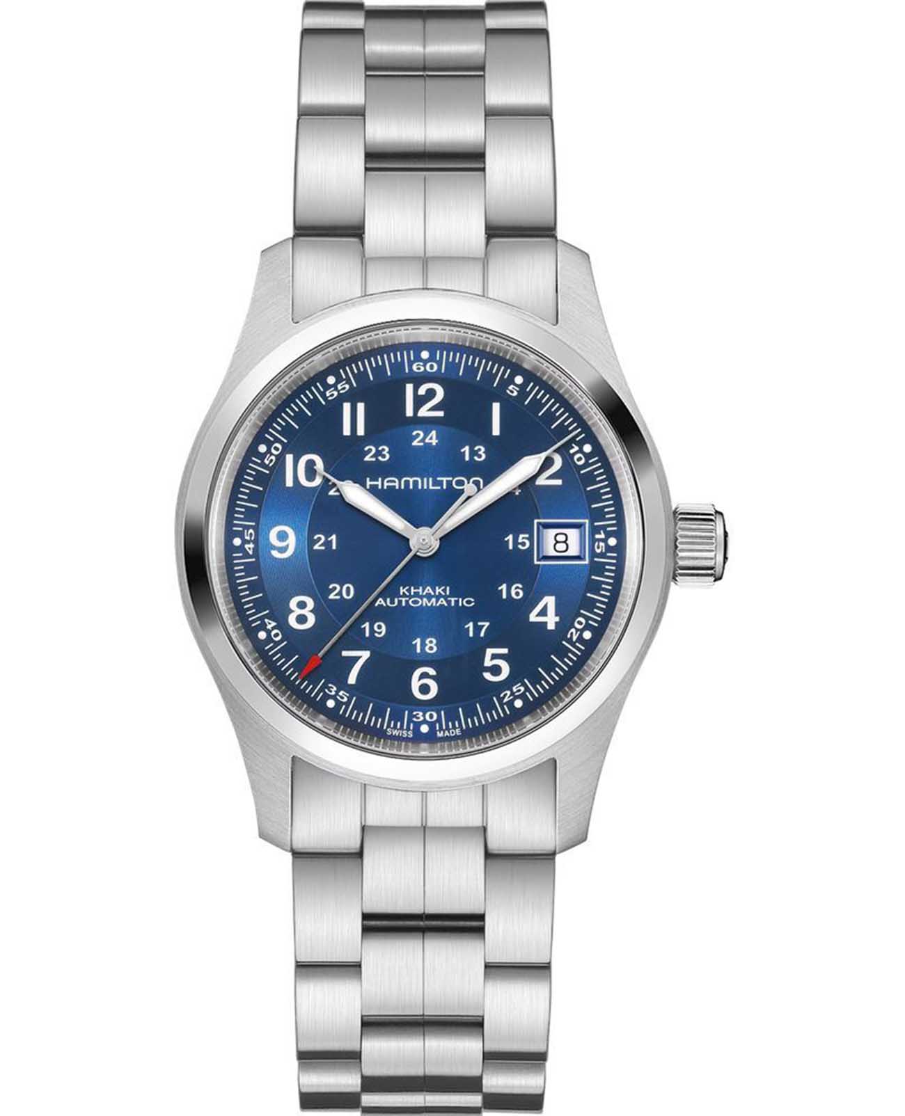 Hamilton Hamilton Khaki Field Auto H70455140  H70455140 механические мужские часы синий циферблат, браслет нержавеющая сталь — вид спереди