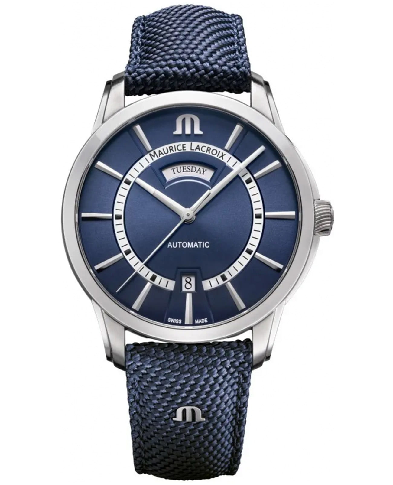 Maurice Lacroix Maurice Lacroix Pontos Day Date PT6358-SS004-431-4  PT6358-SS004-431-4 механические мужские часы синий циферблат, браслет тканевый — вид спереди