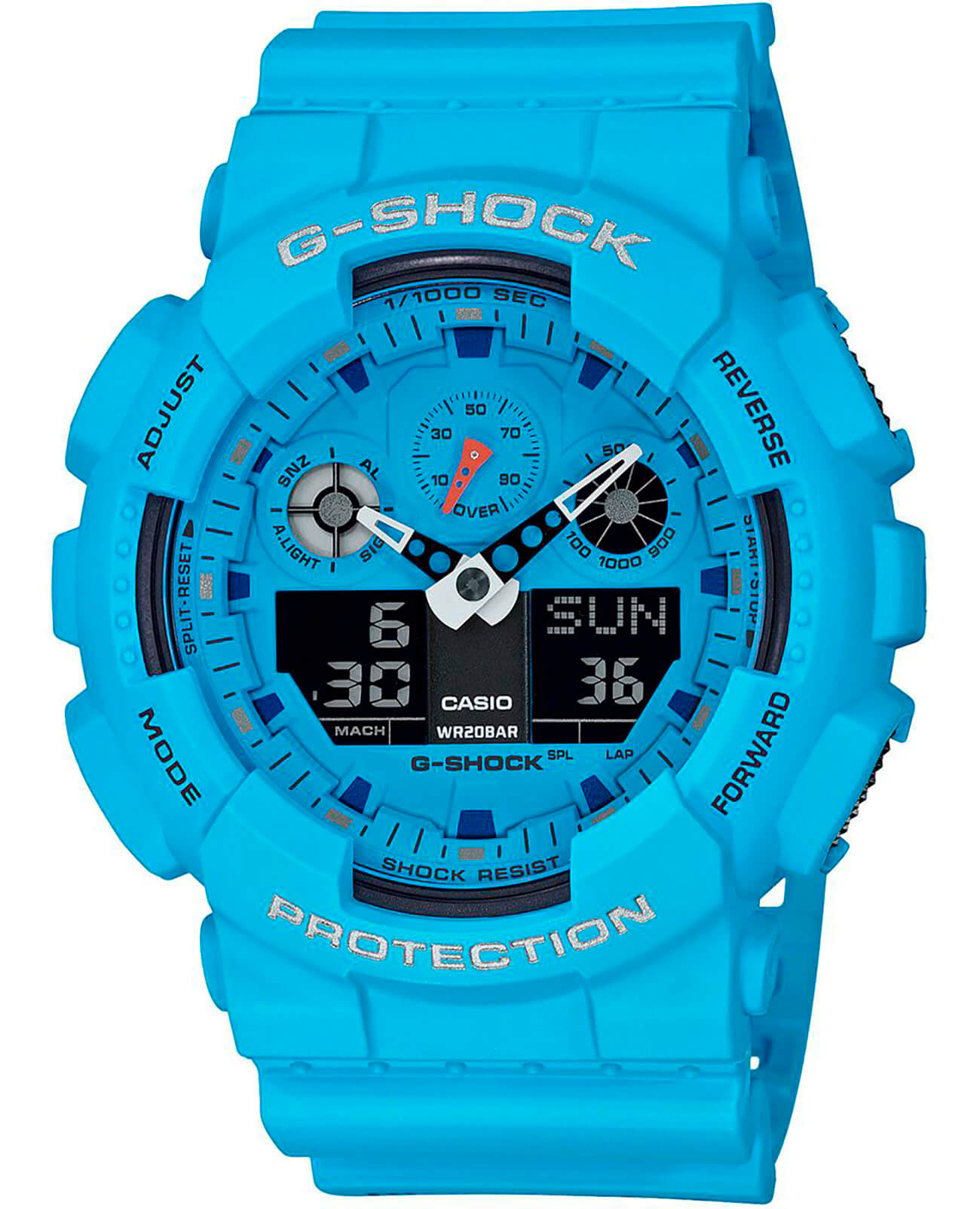 Casio Casio G-Shock GA-100RS-2A GA-100 GA-100RS-2A электронные мужские часы голубой циферблат, браслет пластик — вид спереди