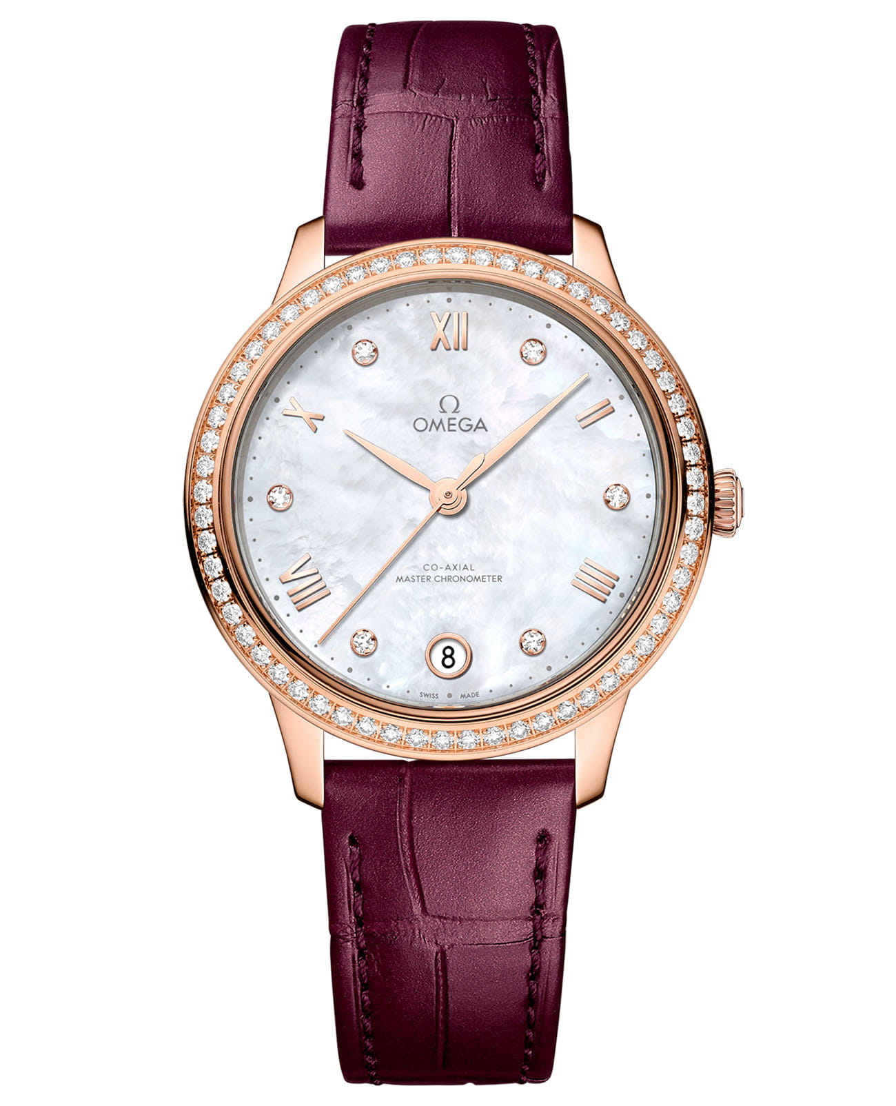 Omega Omega De Ville Prestige 434.58.34.20.55.001  Prestige 43458342055001 механические женские часы перламутровый циферблат, браслет кожаный — вид спереди