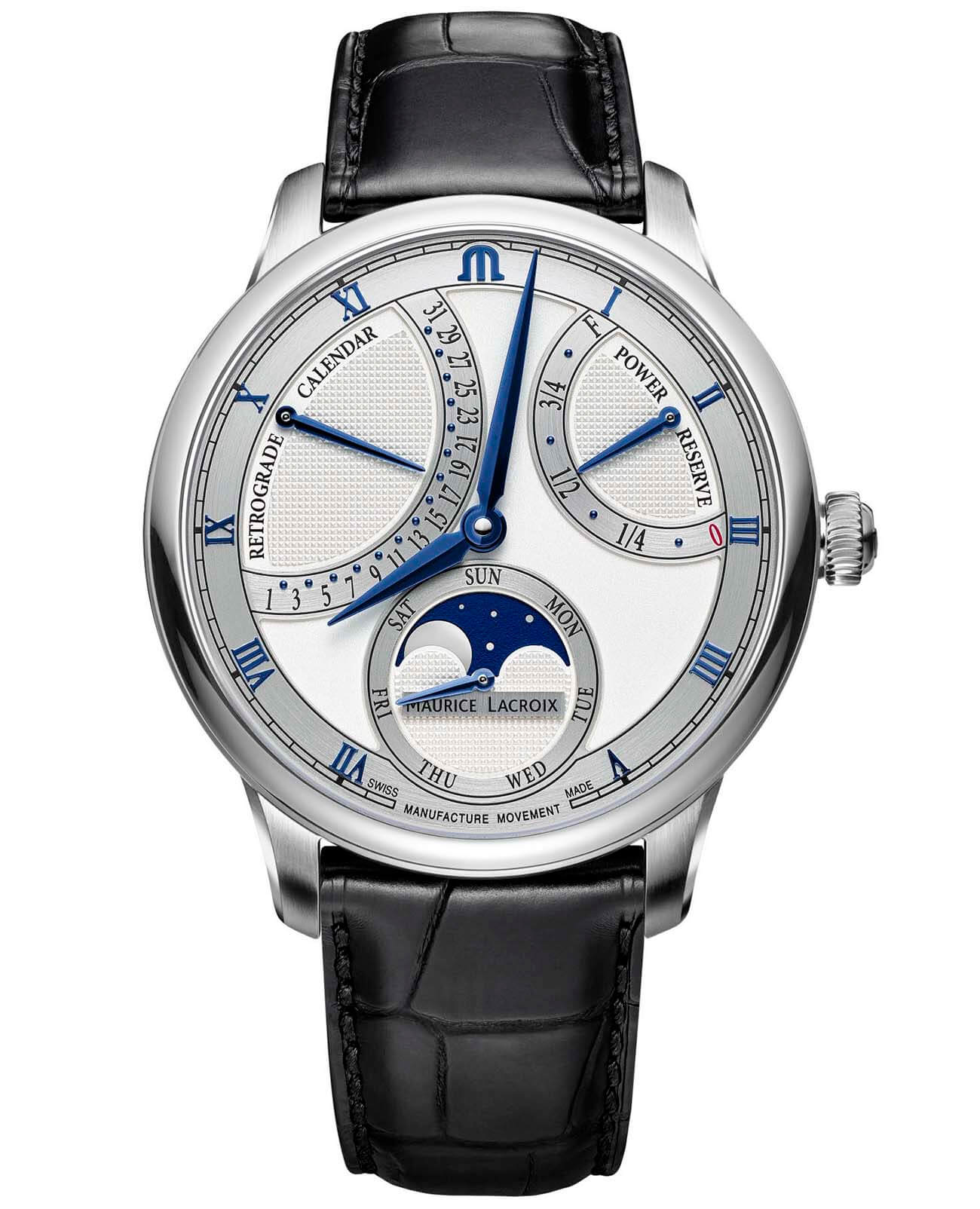 Maurice Lacroix Maurice Lacroix Masterpiece Moon Retrograde MP6588-SS001-131-1  MP6588-SS001-131-1 механические мужские часы серебристый циферблат, браслет кожаный — вид спереди