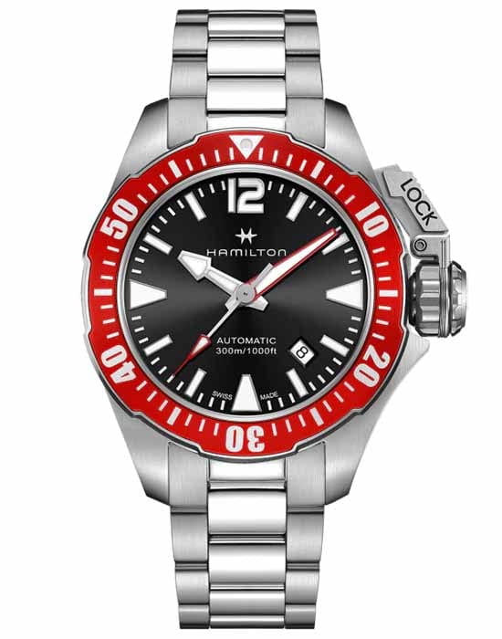 Hamilton Hamilton Khaki Navy Frogman H77725135  H77725135 механические мужские часы черный циферблат, браслет нержавеющая сталь — вид спереди