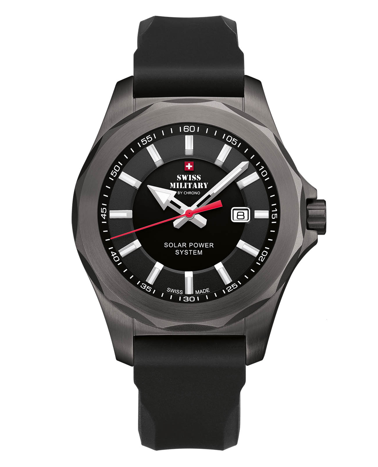 Swiss Military by Chrono Swiss Military by Chrono Solar Power SMS34073.07  SMS34073.07 кварцевые мужские часы черный циферблат, браслет кожаный — вид спереди