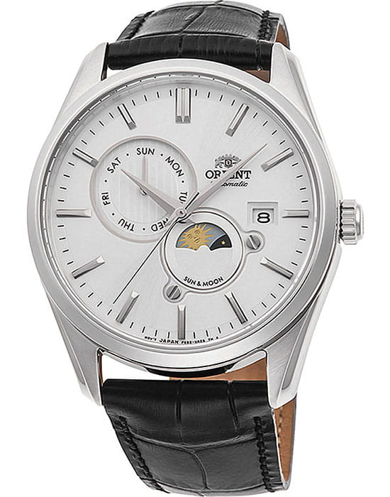 Orient Orient RA-AK0305S (RN-AK0305S)  RA-AK0305S механические мужские часы белый циферблат, браслет кожаный — вид спереди