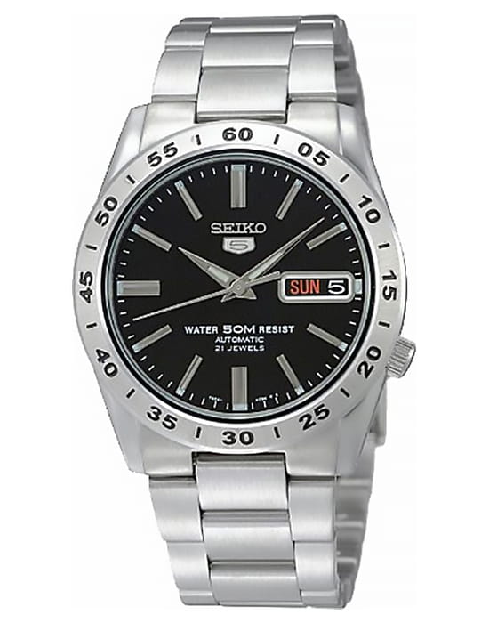 Seiko Seiko Seiko 5 SNKE01J1  SNKE01J1 механические мужские часы черный циферблат, браслет нержавеющая сталь — вид спереди
