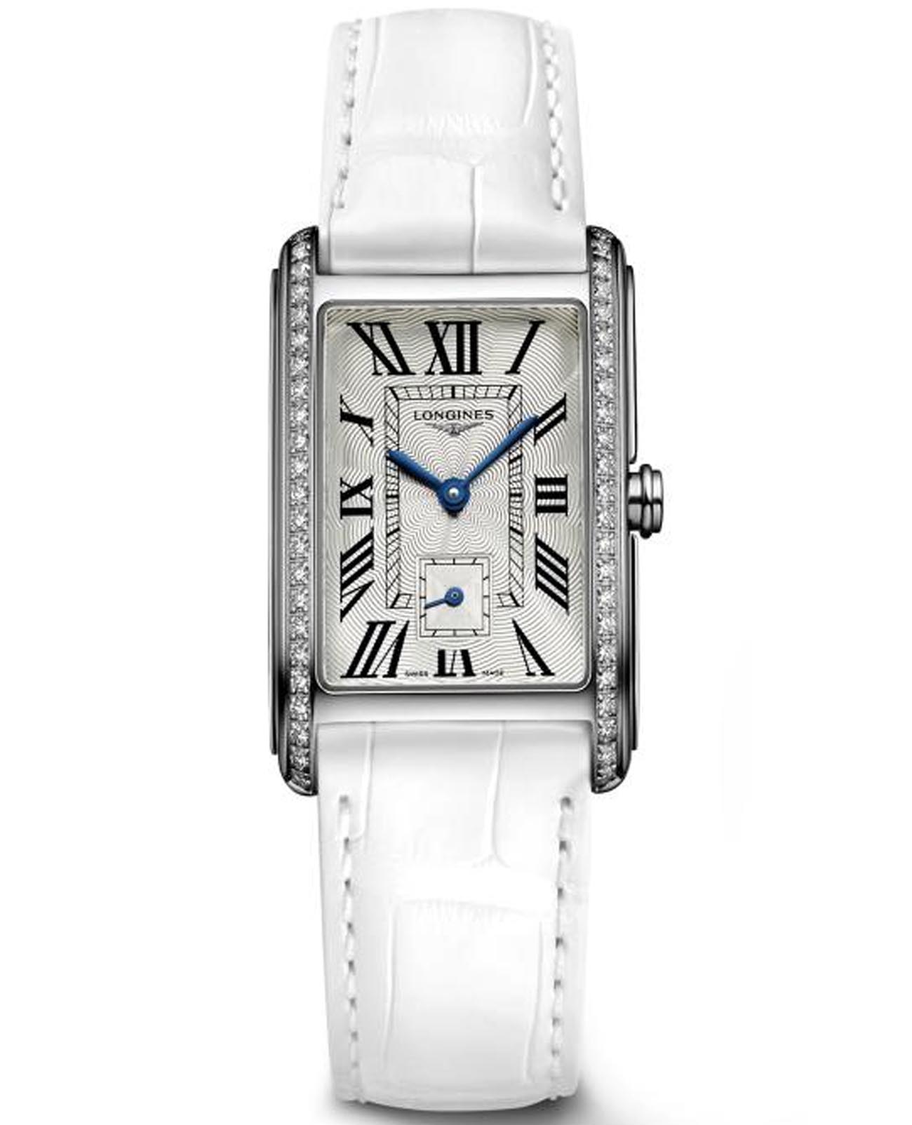 Longines Longines DolceVita L5.512.0.71.2  L55120712 кварцевые женские часы серебристый циферблат, браслет кожаный — вид спереди