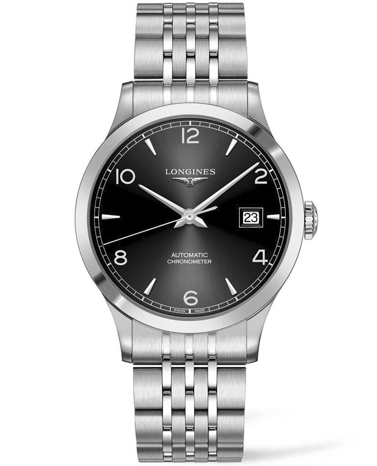 Longines Longines Record Collection L2.821.4.56.6  L28214566 механические мужские часы черный циферблат, браслет нержавеющая сталь — вид спереди