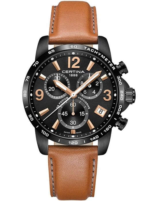 Certina Certina DS Podium Chronograph 1/10 sec C034.417.36.057.00  C0344173605700 кварцевые мужские часы черный циферблат, браслет кожаный — вид спереди