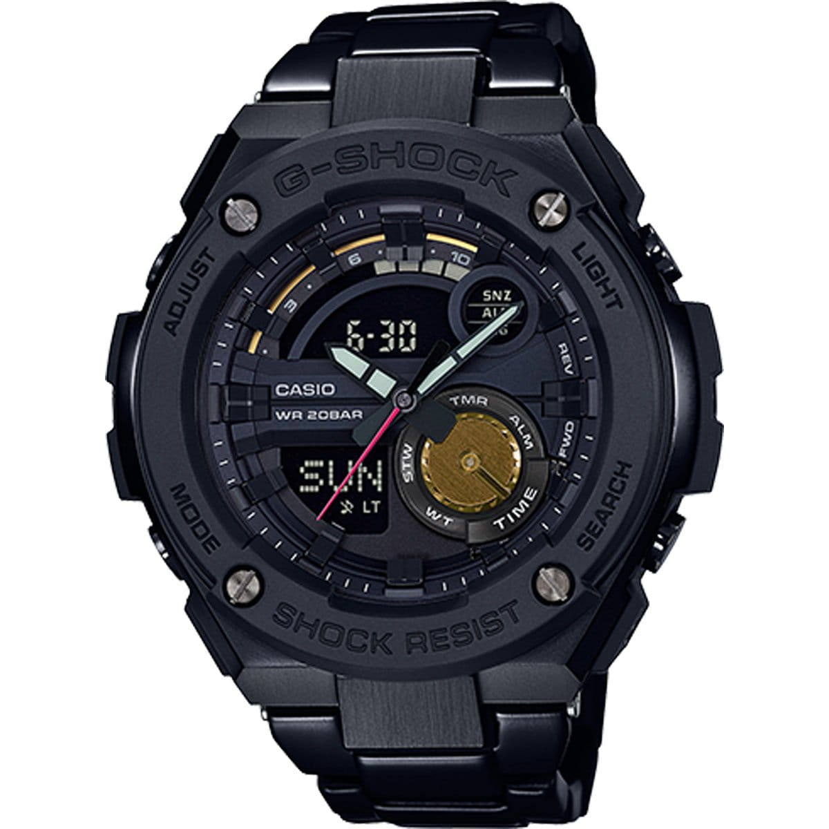 Casio Casio G-Shock GST-200RBG-1A GST G-Steel GST-200RBG-1A электронные мужские часы черный циферблат, браслет 18-каратное желтое золото — вид спереди