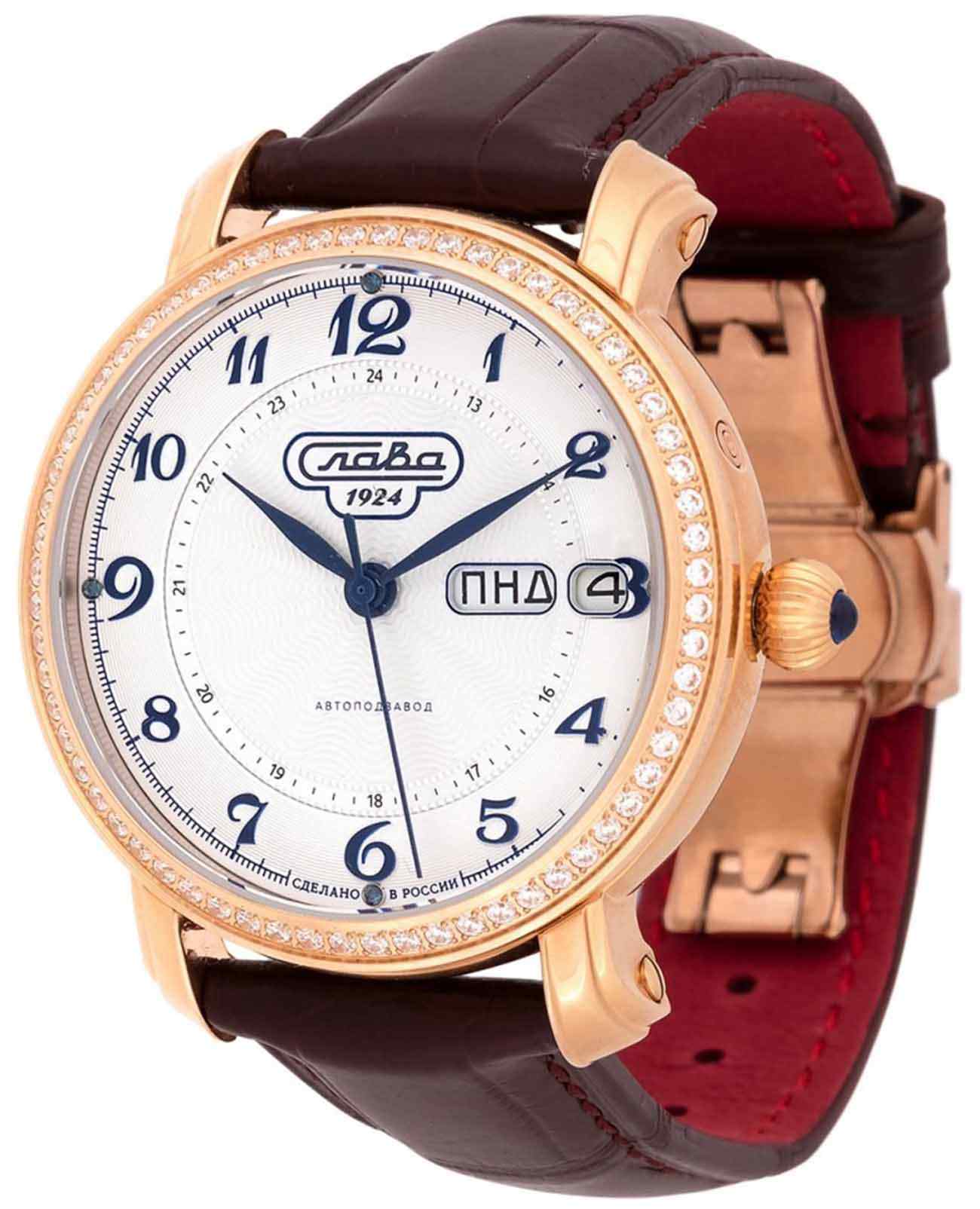 Слава Слава Слава России 7443615/300-2427-68  7443615/300-2427-68 механические мужские часы серебристый циферблат, браслет кожаный — вид спереди