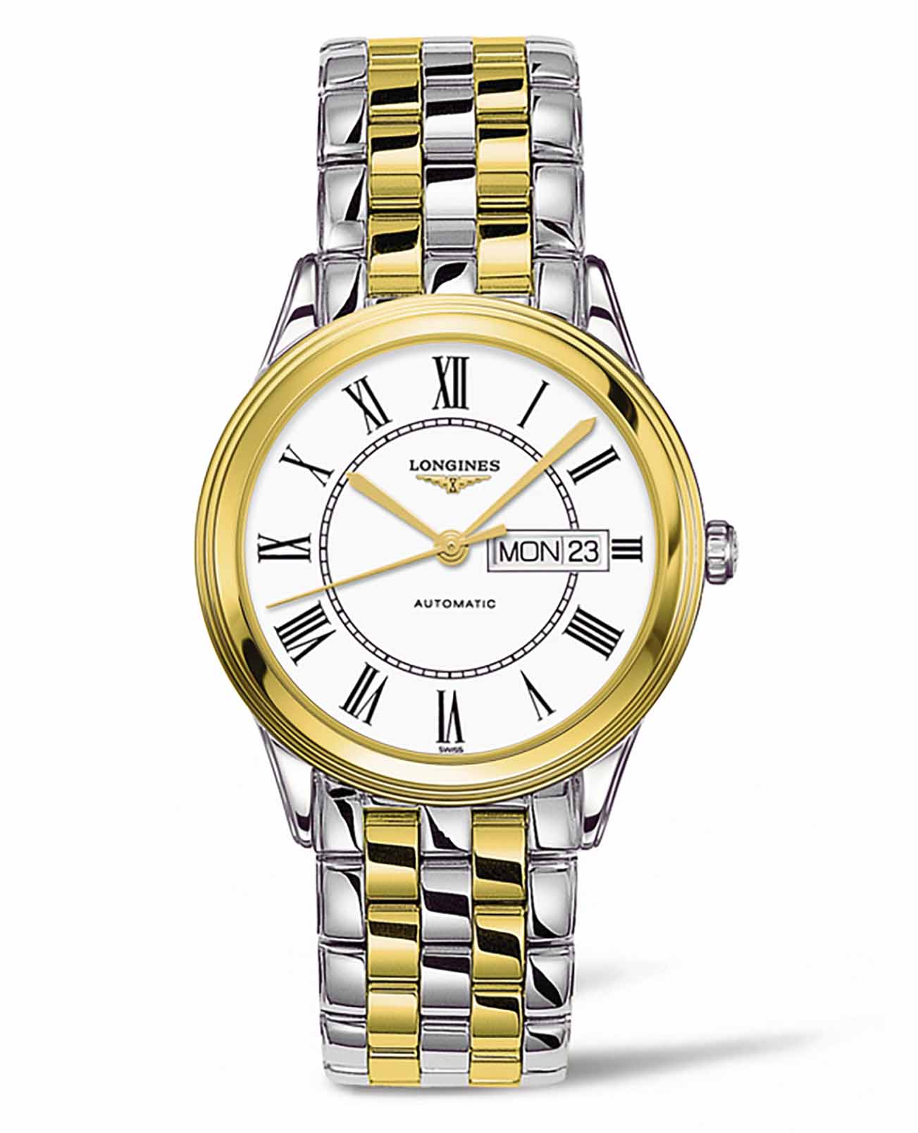 Longines Longines Flagship L4.899.3.21.7  L48993217 механические мужские часы белый циферблат, браслет сталь c pvd покрытием — вид спереди