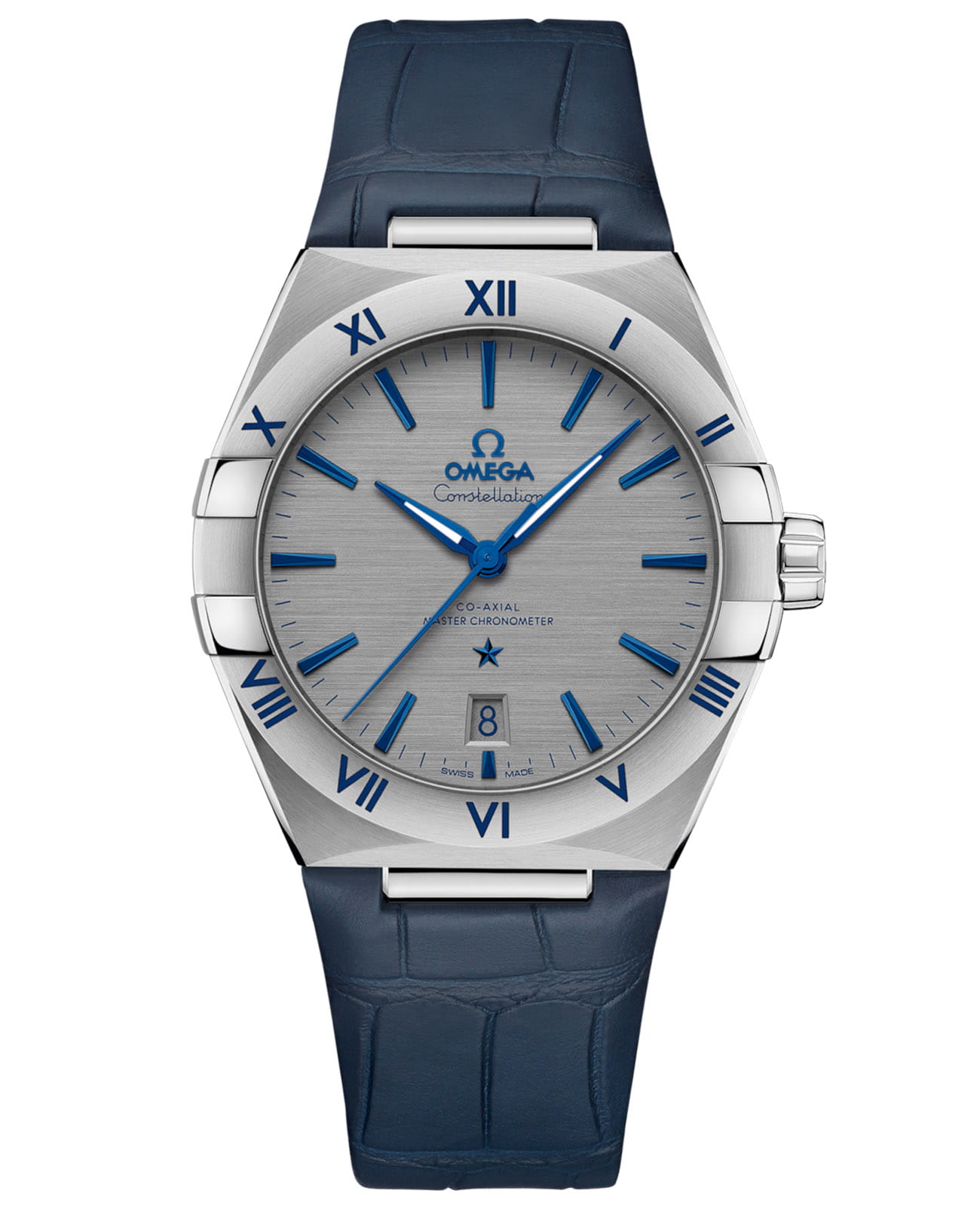 Omega Omega Constellation 131.13.39.20.06.002  13113392006002 механические мужские часы серый циферблат, браслет кожаный — вид спереди