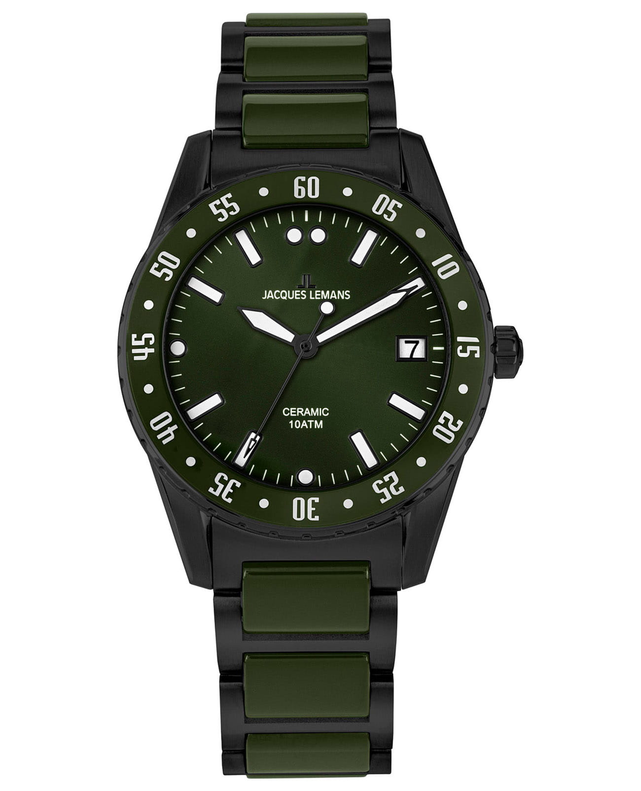 Jacques Lemans Jacques Lemans High Tech Ceramic 42-10F  42-10F кварцевые мужские часы зеленый циферблат, браслет сталь + pvd + керамика — вид спереди