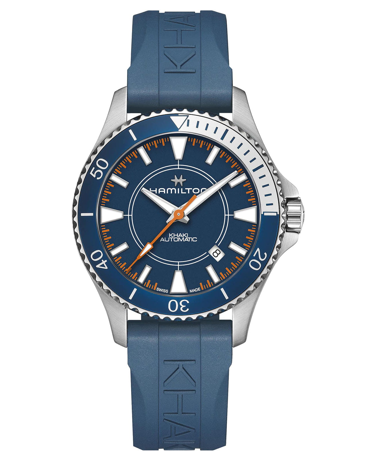 Hamilton Hamilton Khaki Navy Scuba AAuto Syrocco Special Edition H82385340  H82385340 механические мужские часы синий циферблат, браслет каучук — вид спереди