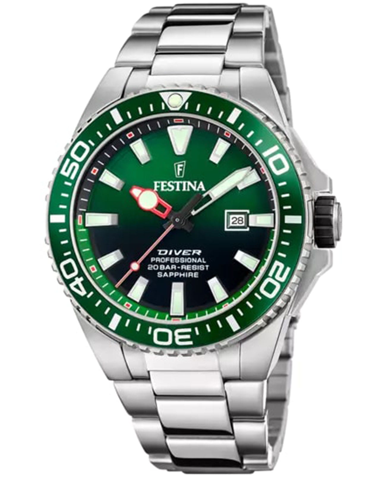 Festina Festina The Originals F20663/2  F20663/2 кварцевые мужские часы зеленый циферблат, браслет нержавеющая сталь — вид спереди