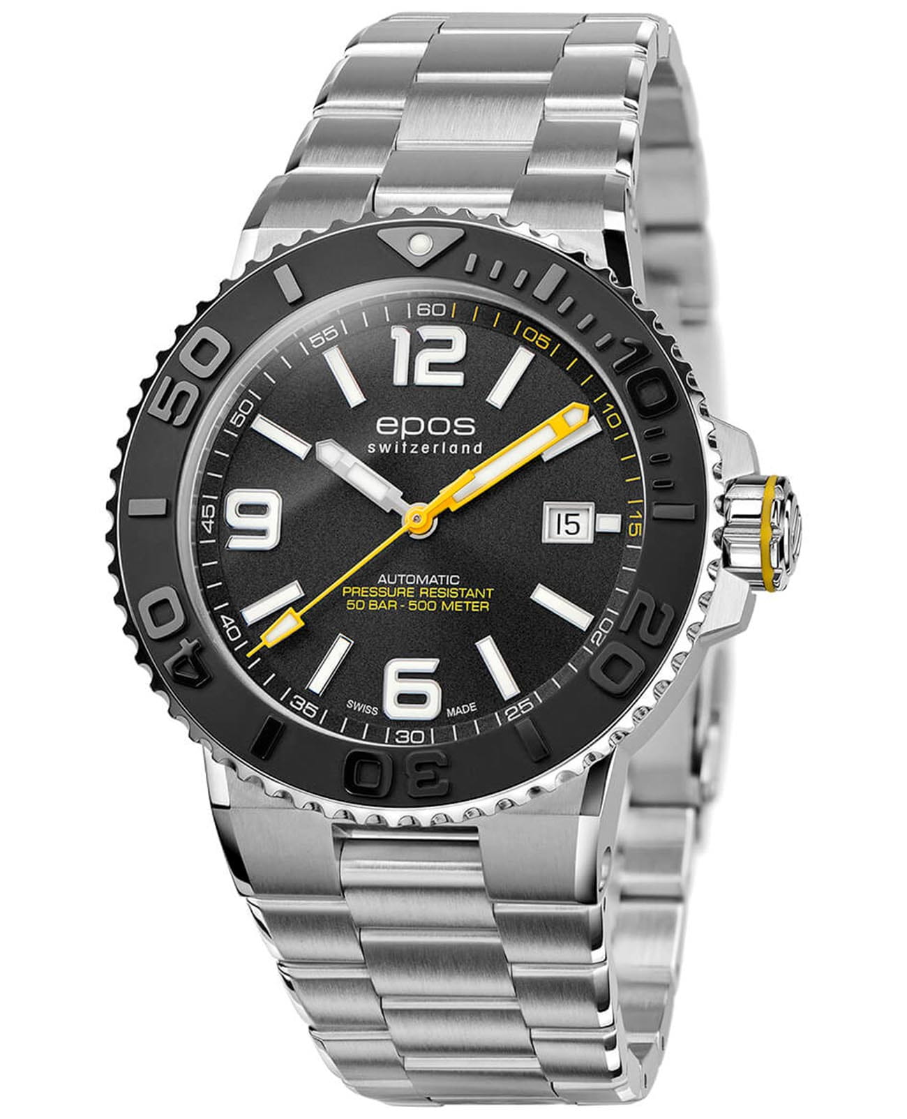 Epos Epos Diver 3441.131.20.55.30  3441.131.20.55.30 механические мужские часы черный циферблат, браслет нержавеющая сталь — вид спереди