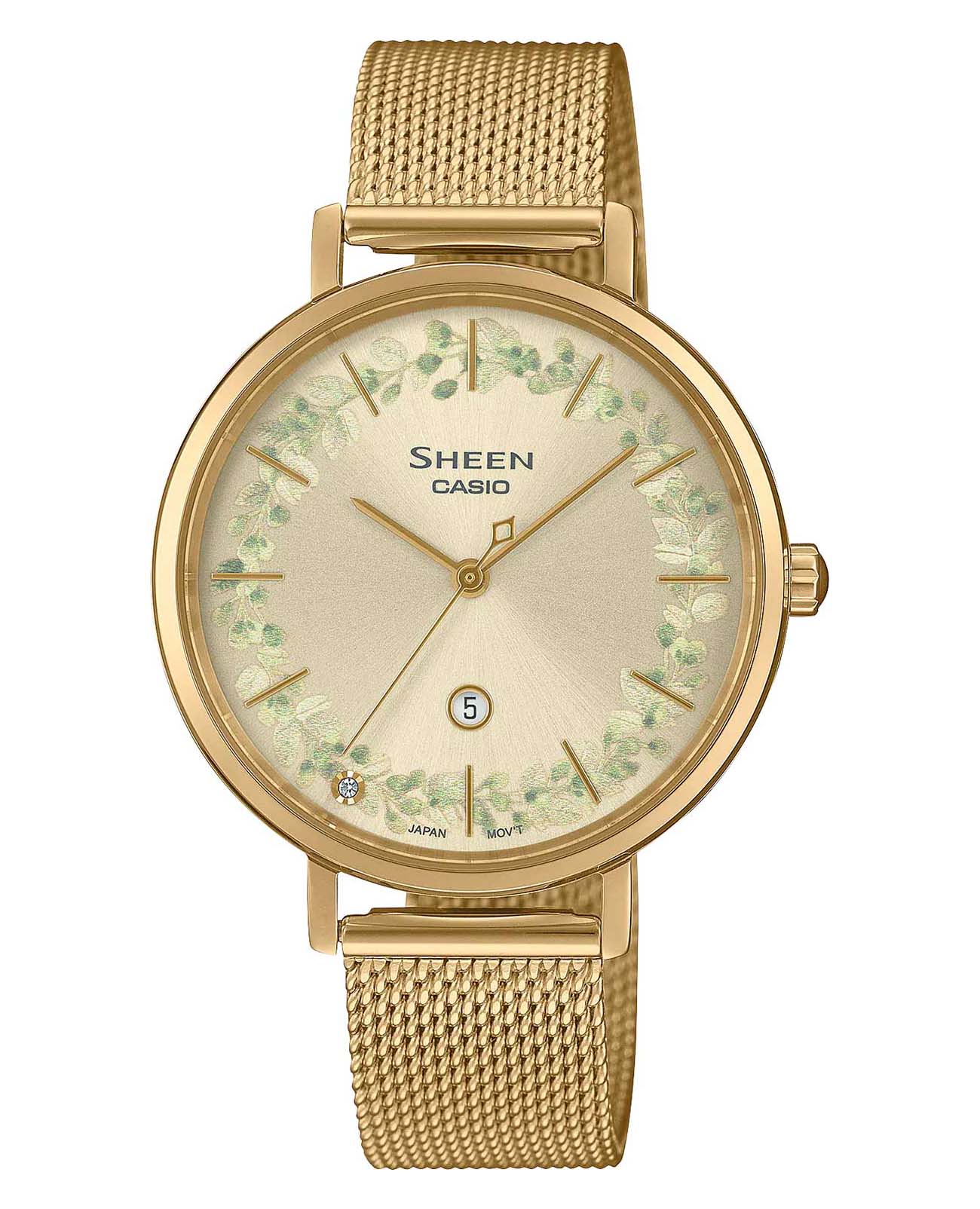 Casio Casio Sheen SHE-4539FGM-9A  SHE-4539FGM-9A кварцевые женские часы золотой циферблат, браслет сталь с ip покрытием — вид спереди