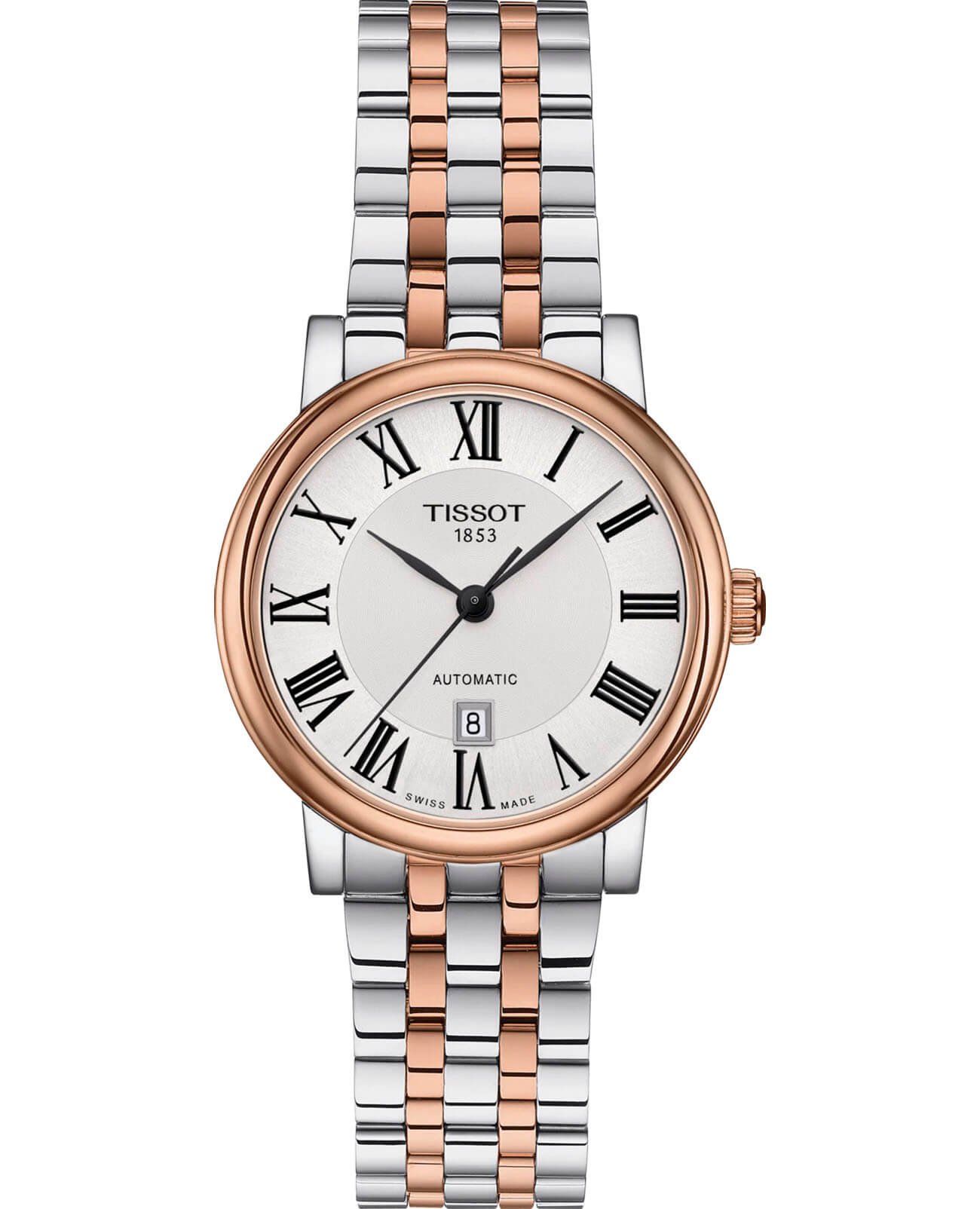 Tissot Tissot Carson Premium Automatic Lady T122.207.22.033.00 Carson T1222072203300 механические женские часы белый циферблат, браслет сталь c pvd покрытием — вид спереди