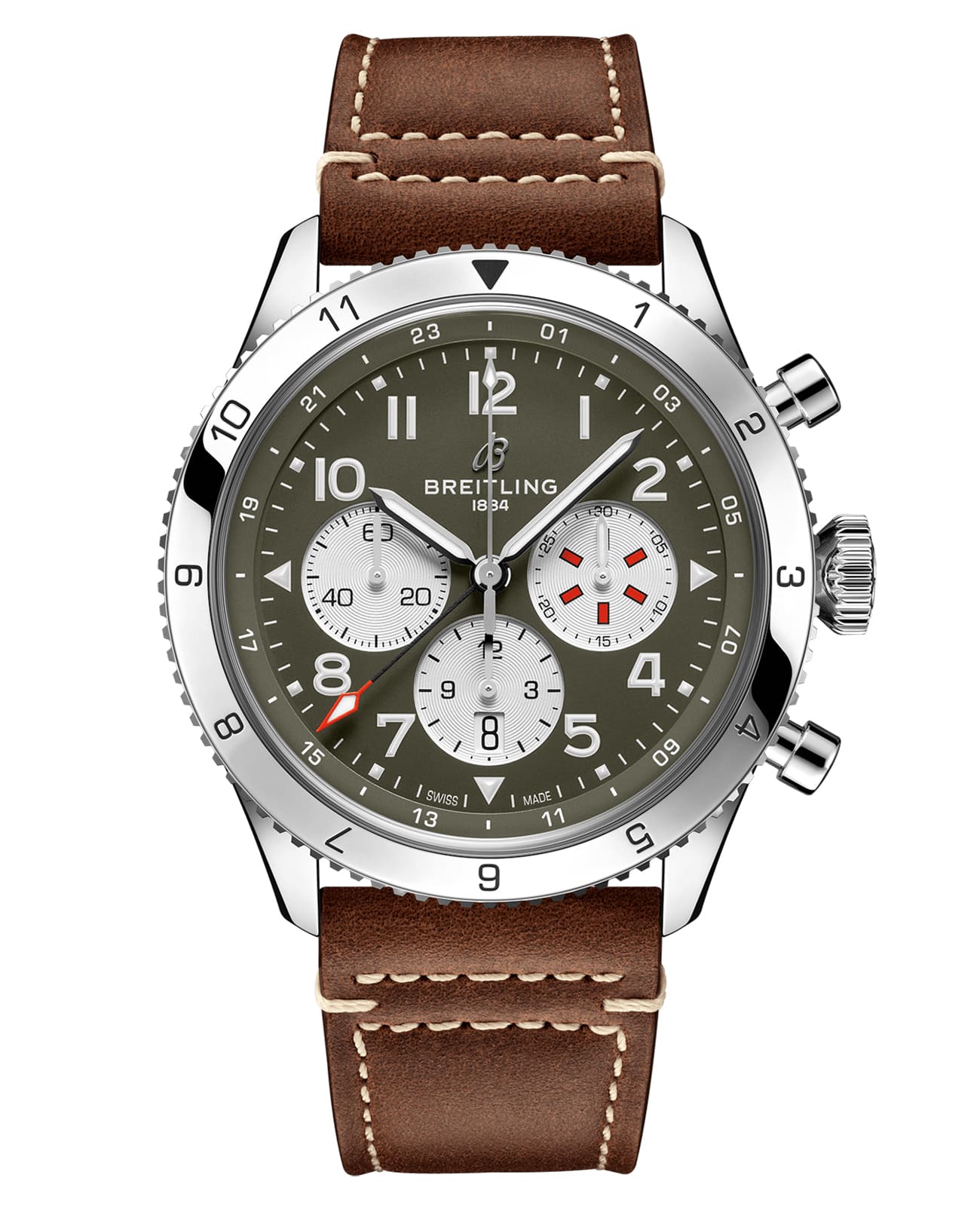 Breitling Breitling Super Avi B04 Chronograph GMT 46 Curtiss Warhawk AB04452A1L1X1  AB04452A1L1X1 механические мужские часы зеленый циферблат, браслет кожаный — вид спереди